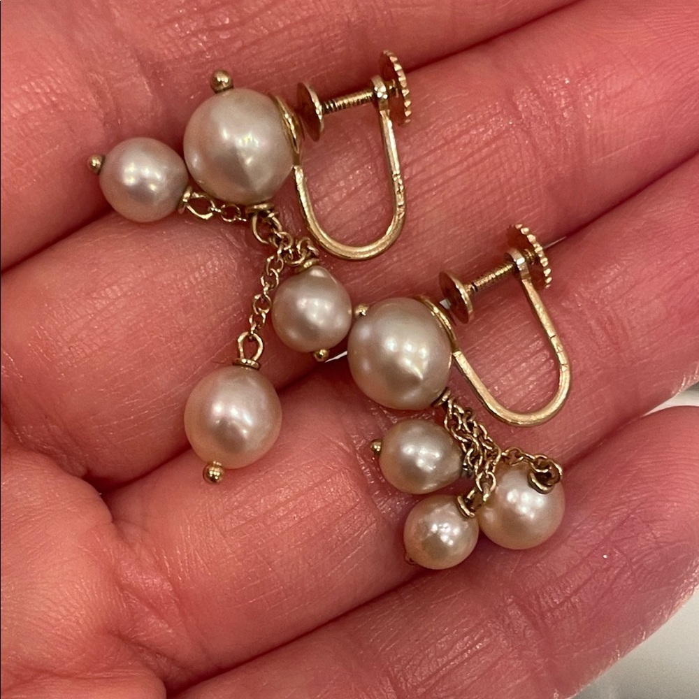 Solid 14k Gold Natural Pearls Cluster Dangle drops screw back Earrings.5.3 G